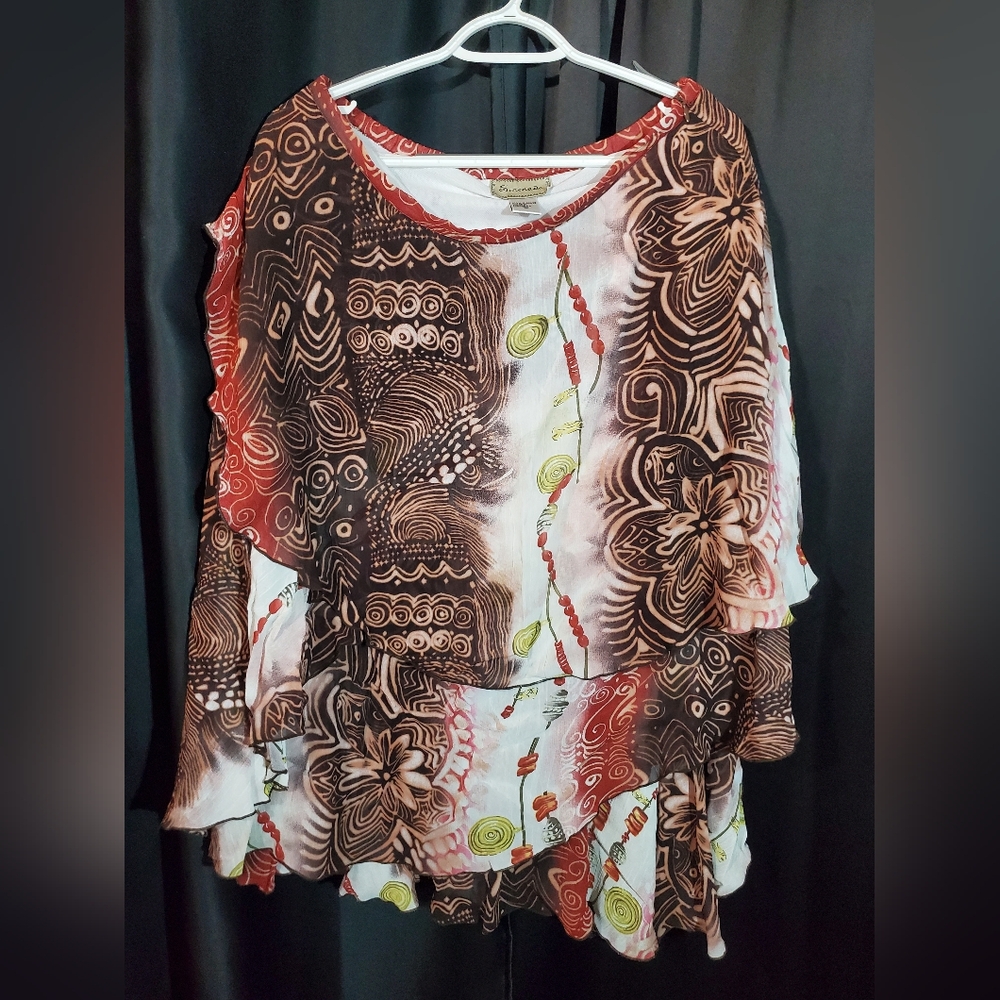 Asymmetrical Ruffled Brown and Red Blouse